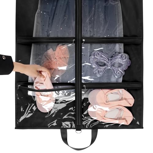 KEEGH Clear Garment Bags for Dance Costumes 40 inch Dance Garment Bags for Dancers Hanging Clothes for Closet Storage, with 4 Zipper Pockets for Dance Competitions, Ballet, Theatre, 6 Pack, Black