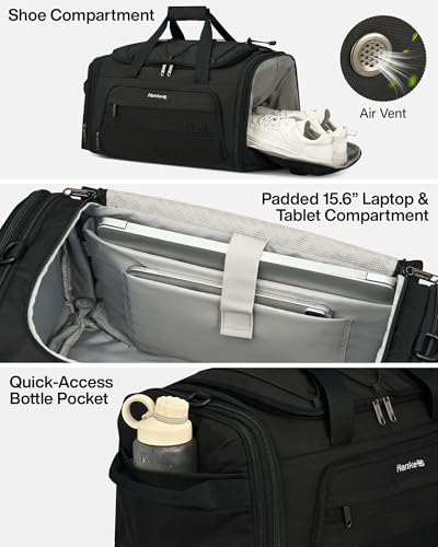 Hanke Duffle Bag for Travel, Dual Expandable 45L-55L Carry On Duffel, 3 In 1 Weekender Tote, Water Resistant Overnight Bag with 15.6" Compartment for Men Women, Black