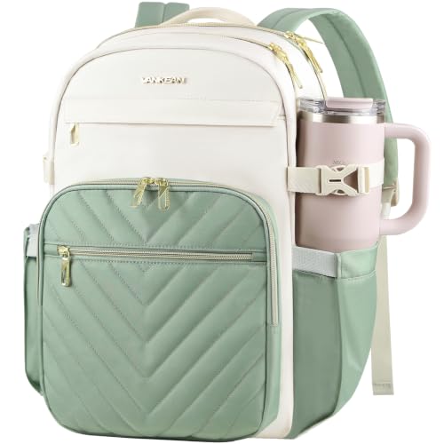 VANKEAN Laptop Backpack for Women with Pouch Pocket for Large Capacity Tumbler, 15.6 Inch Laptop Computer Bag Travel Backpack Purse,Waterproof Work Business Teacher Bags, Beige-Light Green