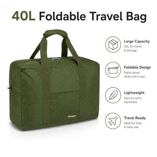 Vimapo Foldable Travel Duffle Bag with Trolley Sleeve 40L Capacity, Lightweight Packable Travel Duffel Bags with the Keyhole Zipper, Weekender Overnight Nylon Carry on Bag for Men & Women, Army Green