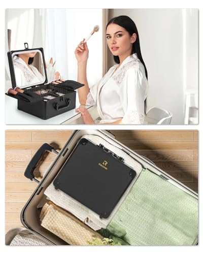 Relavel Makeup Bag with LED Mirror, Makeup Box Travel Train Case with Rechargeable Lighted Mirror & Adjustable Dividers, Cosmetic Brush Organizer Storage for Makeup Artists Gifts for Women and Girls