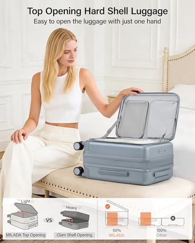 MILADA 20-Inch Expandable Carry On Luggage, Hard Shell Top-Opening Luggage with Wheels, TSA-Approved Small Travel Bag for Men and Women Carry-On Suitcase, Grey