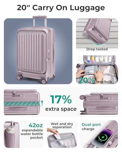 BAGSMART Top Opening Carry On Luggage 22x14x9 Airline Approved with TSA Lock, Expandable 20 Inch Deep Compartment Hard Shell Suitcases with Double Spinner Wheels, Purple