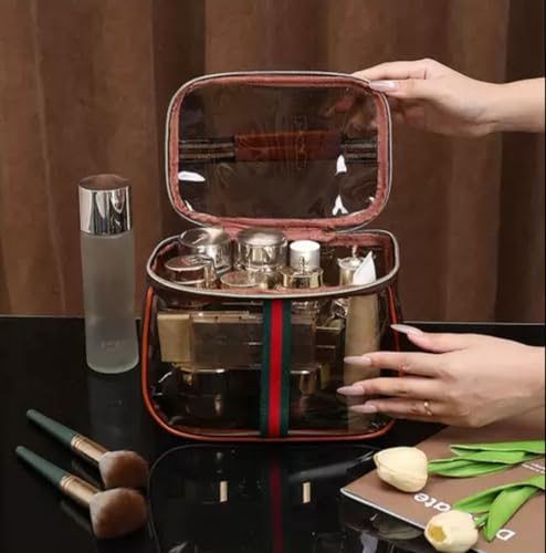 GLOLOOS New Retro Vintage Vanity Bag, Clear Makeup Organizer with Handle,Large Capacity Waterproof Makeup Organizer bag with Zipper,Travel Cosmetic & Skincare Storage Case for Ladies (Coffee)