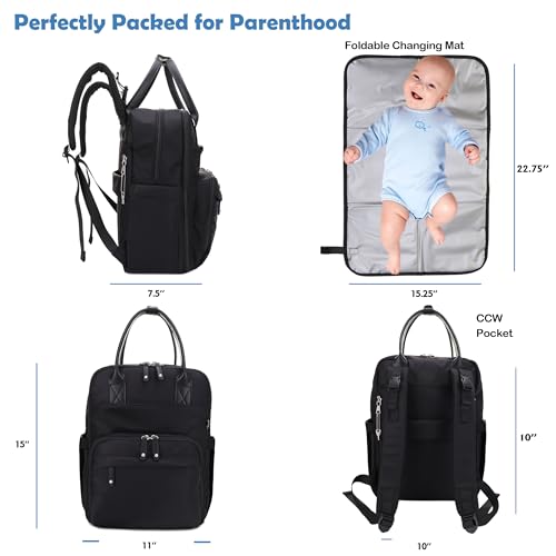 JESSIE & JAMES BeBe CCW Diaper Bag Nylon Backpack Multi Function Backpack with Changing Pad & Stroller Straps_Black/Black