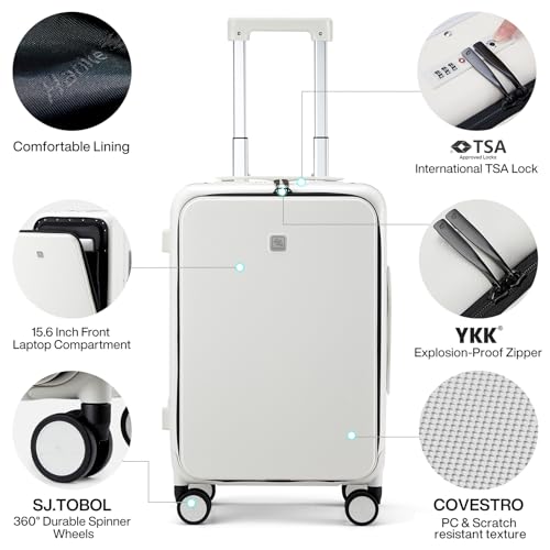 Hanke 24 Inch Checked Luggage with Front Pocket Aluminum Frame （Can Not Open in The Middle）Hard Shell Suitcases with Wheels Rolling Luggage Suitcase with Lock Travel Luggage for Weekender-Smoke White