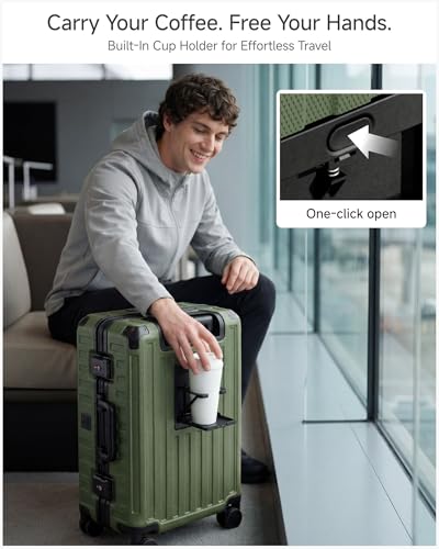 LUGGEX Zipperless Carry On Luggage with Spinner Wheels 22.5" x 15.5" x 9.6", SF81 Aluminum Polycarbonate Hard Shell Front Opening Suitcase, TSA & Cup Holder (ZX-Pro, Black)