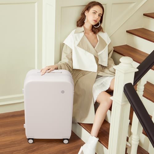 mixi Luggage Suitcase with Spinner Wheels, Hardside Rolling Suitcase PC with Cover & TSA Lock Lightweight Travel Case 24in Checked in, Off White（Slight Pink）