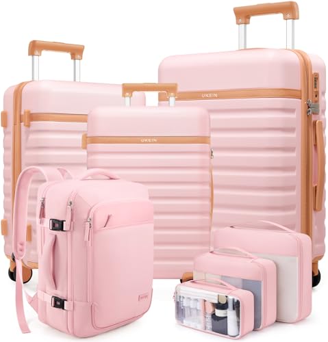 UKEIN PRO Luggage Sets 7 Piece, Durable Hardside ABS Carry on Luggage with Spinner Wheels & YKK Zipper TSA Lock, Large Checked Travel Suitcase With Backpack Set for Men and Women,20/24/28 Inch