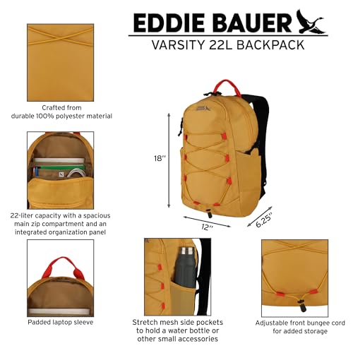Eddie Bauer Varsity Backpack 22L | Everyday Carry | Work | Travel | Commuter | Padded Laptop Sleeve | Stretch Bottle Pockets | Bungee | Lightweight | Durable - Black