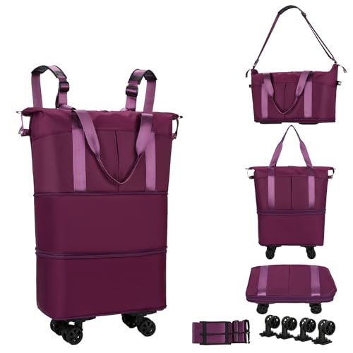 NiceUU Travel Rolling Duffel Bag with Removable Wheels, Expandable Foldable Carry-on Luggage for Trip or Hospitalization, Burgundy Backpack