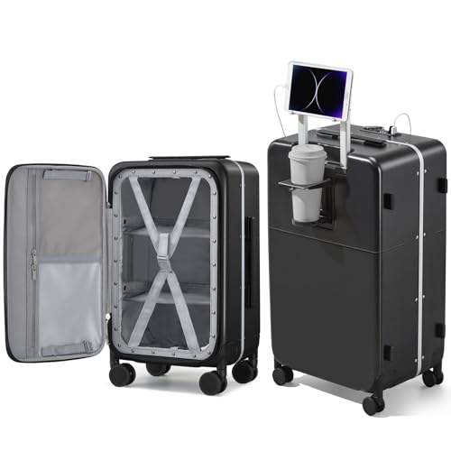 Hanke 28 Inch Checked Luggage with Cup Holder and USB Ports, Top Opening Hard Shell Suitcase with Wheels, Aluminum Frame Large Trunk Luggage with Foldable Divider & TSA Lock for Travel, Jet Black
