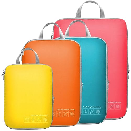 Cambond Compression Packing Cubes for Travel - 4 Piece Expandable Luggage Packing Organizers Bags Set, Lightweight Compression Cubes for Travel Essentials Carry on Suitcases, Multi-color