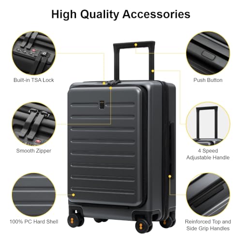 LEVEL8 Road Runner Carry On Luggage with Front Compartment, 20 Inch Lightweight Hard Shell Suitcases with Wheels Airline Approved, Tsa Locks for Luggage, Grey,21.46" x 14.57" x 9.45"