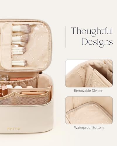Prite Makeup Bag, Large Capacity Cosmetic Bag for Women and Girls, Waterproof PU Leather Travel Makeup Case, Toiletry Organizer with Handle and Divider for Skincare and Brushes - Beige