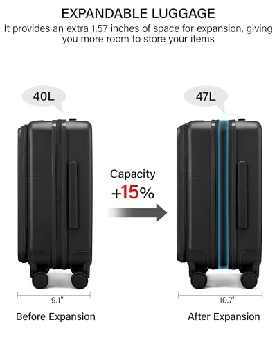 Hanke 20 Inch Expandable Carry On Luggage with Cup Holder 22x14x9 Airline Approved, Top Opening Hard Shell Suitcases with Wheels, Carry-On Travel Suitcase Trunk Luggage with Lock, Jet Black