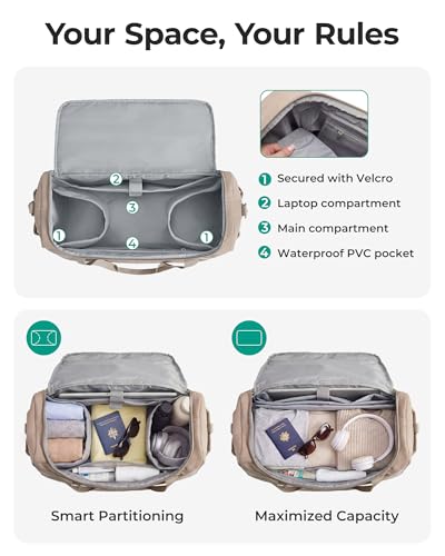 BAGSMART Travel Duffel Bags with Dividers, 32L Gym Duffle Bag with Laptop Compartment, Carry On Weekender Overnight Bag, Shoe Bag, PVC Wet Pocket, Pink