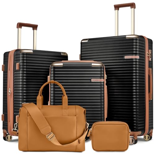 Joyway Expandable Luggage Sets 5 Piece with Leather Bag, Lightweight Hard Shell Travel Suitcase Set with Spinner Wheels and TSA Lock, Black
