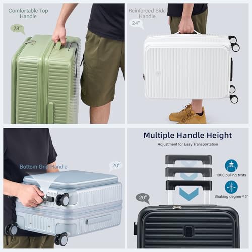 HanTrip 20 Inch Carry on Luggage 22x14x9 Airline Approved Hard Shell Suitcases with Wheels, Top Opening Expandable Carry on Luggage with Cup Holder Small Rolling Suitcase with Lock, Bamboo Green