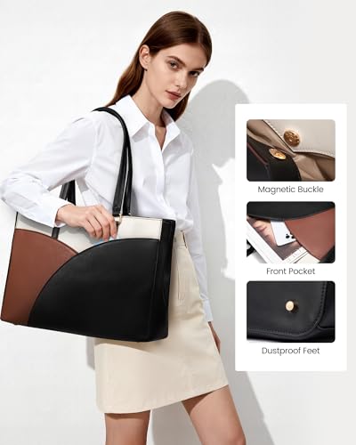 LOVEVOOK Laptop Bag for Women,15.6 Inch Work Teacher Bags Leather Tote Bag Briefcase Waterproof Computer Bag for Women，Black-White-Brown