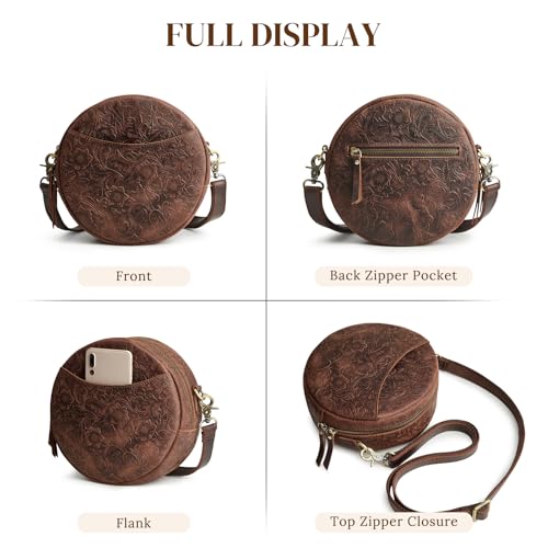 S-ZONE Leather Crossbody Bags for Women Trendy Circle Cross Body Shoulder Bag Designer Round Purses