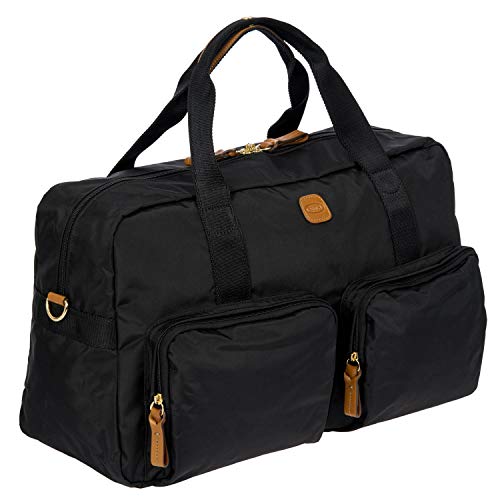 Bric’s X-Bag 18-Inch Cargo Carry-On Duffle, Water-Resistant Satin Nylon Travel Bag with Leather Handles, Laptop Sleeve, Front Zip Pockets and Luggage Pass-Through - Black