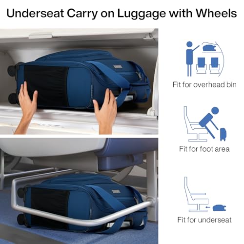 MILADA Underseat Carry On Luggage with Wheels, Airline Approved 16-inch Spinner Small Suitcase, Softside Travel Luggage, Personal Item Overnight Bag, Business Mini Suitcase for Women and Men, Blue