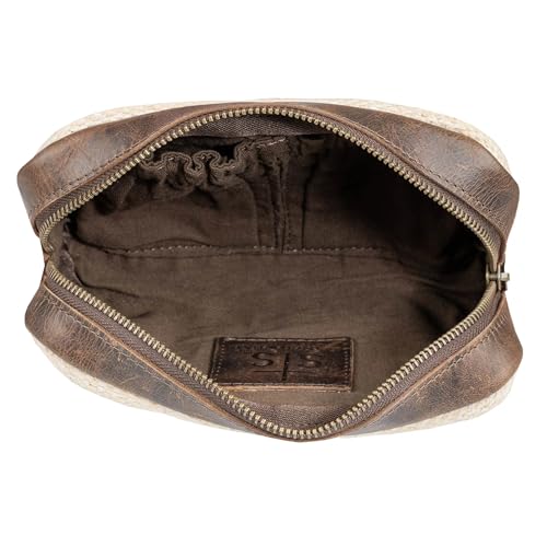 STS Ranchwear Guadalupe Serape Cosmetic Bag, Western Handwoven Cotton with Leather Trim, Aztec Pattern, Brown and Cream, 9.5 x 3.5 x 7.5 Inches