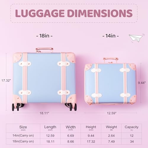 Miss.Box Vintage Carry On Luggage Set with Wheels for Women, Retro Trunk Style PU Leather Suitcase with Matching Vanity Case, 14” & 18” Set
