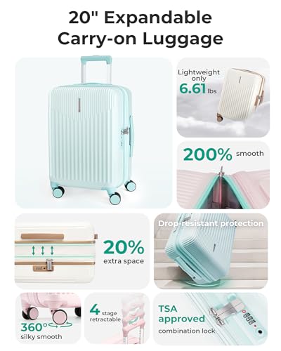 BAGSMART Carry On Luggage 22x14x9 Airline Approved with Spinner Wheels,100% PC Hardside Expandable Luggage with TSA Lock for Trips, 20 Inch Rolling Suitcases for Men Women,Green