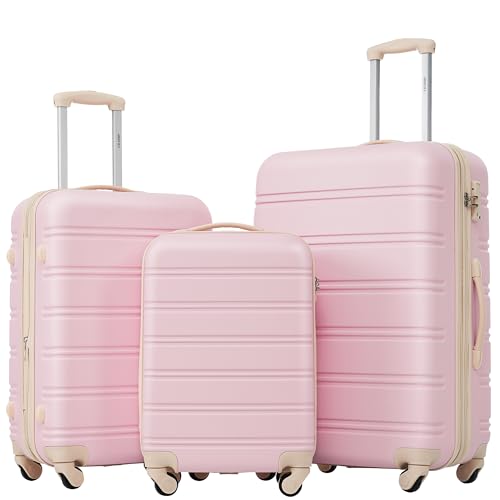Merax 3 Piece Luggage Set,Hardside Suitcase Set,Expandable Luggage with TSA Lock,Lightweight Durable Travel Carry on Suitcase with Wheels 20+24+28 inch(White Pink)