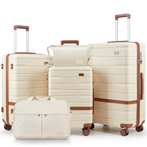 NEISIA Luggage Sets 3 Piece with TSA Lock Hardside PC+ABS Carry On Suitcase with Spinner Wheels Lightweight Rolling Travel Luggage Sets with YKK Zippers (Beige)
