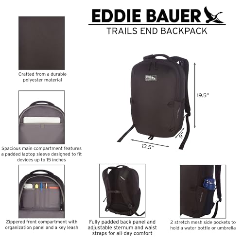 Eddie Bauer Trail Ends Backpack 28L | Laptop Sleeve | Everyday Carry | Travel | Work | Commuting | Stretch Side Pockets | Padded Shoulder Straps | Mesh Back - Black