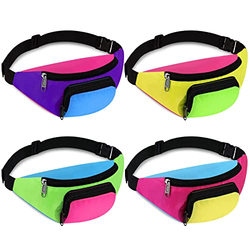 Xuniea 4 Pcs Retro 80s 90s Fanny Pack Retro Belt Bag 2 Pockets Neon Fanny Small Waist Packs for Jogging Traveling Carnival Party Costumes Holiday Festival 80s Theme Party