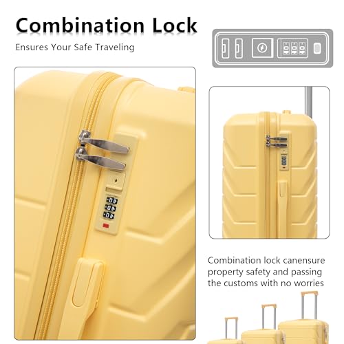 Merax 3 Luggage Sets, ABS Hardside Suitcase Spinner Wheels Durable Lightweight, Light Milky Yellow, 20/24/28 Inch