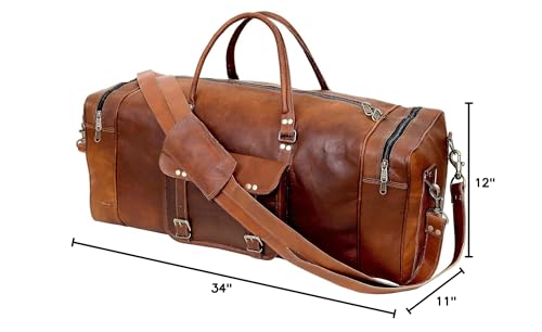 Leather Duffle Bag for Men Luggage Handmade Travel Bag Carry On Luggage Weekender Bags Overnight Gym Sports Cabin Holdall Bag For Airplanes Men And Women (34 Inch Brown)