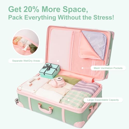 NZBZ Vintage Luggage Sets for Women Retro Suitcase Cute Vintage Expandable Luggage of 3 (Green with Pink, 20inch & 24inch & 28inch)