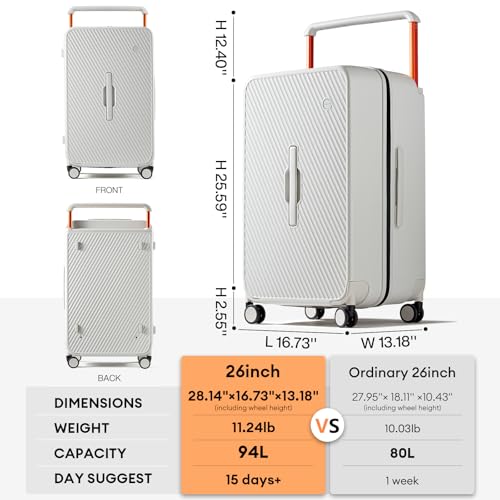 mixi 26 Inch Large Checked Luggage Suitcase with Spinner Wheels Upgrade Wide Handle PC Hard Shell Rolling Travel Suitcase with TSA Lock, Smoke White
