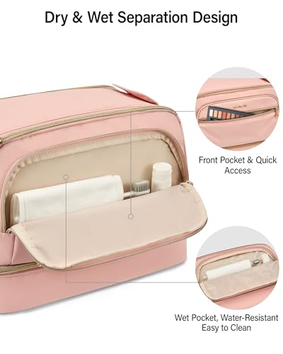 Hanke Travel Toiletry Bag, Lightweight Wide-open Makeup Bag, Dual-Layer Travel Bag for Toiletries Water-Resistant Cosmetic Bags Large Toiletry Bags for Women & Men, Travel Essentials, Pink