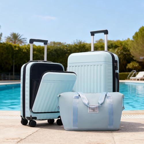 Merax Luggage Sets 3 Piece, Hardside Carry On Suitcase with Front Open,USB Port&Spinner Wheels, Lightweight Durable Luggage for Travel | TSA Lock, Expandable Suitcase Set for Men and Women,Light Blue