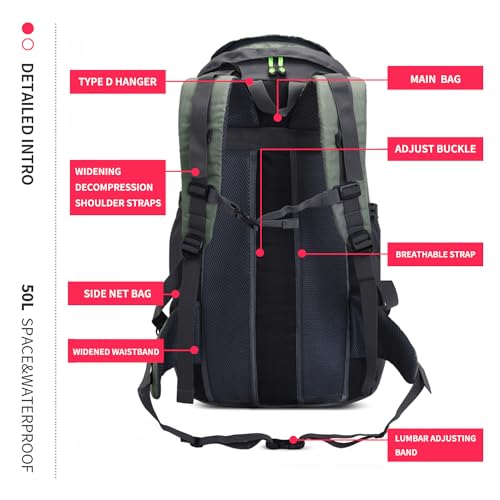 Bseash 50L Hiking Backpack, Water Resistant Lightweight Outdoor Sport Daypack Travel Bag for Camping Climbing Skiing Cycling (Army Green - With Shoe Compartment)