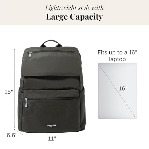 Baggallini Flap Laptop Backpack - 15"x11" Lightweight Work Travel Bag w/Luggage Sleeve & RFID