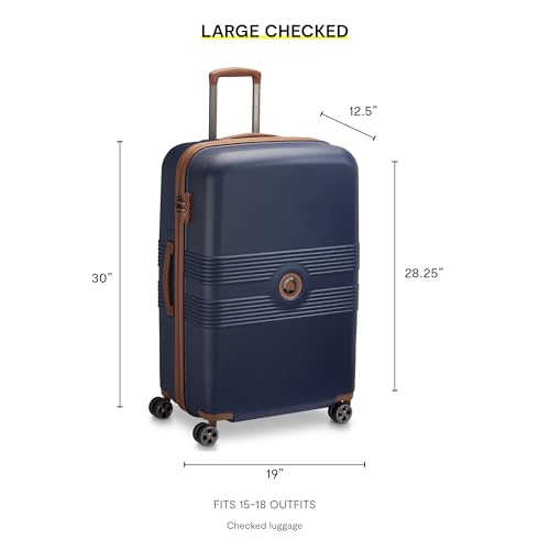 DELSEY PARIS Flanerie SE - Hardside Checked In Luggage 28 Inch - 360° Dual Spinner Wheels - TSA Lock - Lightweight Polycarbonate Travel Suitcase with Vegan Leather, Blue