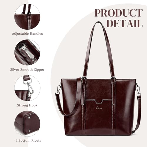 S-ZONE Women Cow Split Leather Laptop Tote Bag Shoulder Handbags 15.6 Inch Purse, Coffee, L, Retro