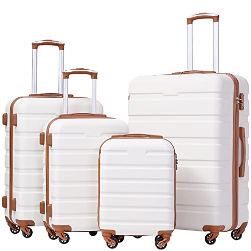 Coolife Luggage 3 Piece Set, Lightweight Durable Hardshell Suitcase set with 360° Spinner Wheels, TSA-approved Lock, Checked Family Travel Luggage sets, 16/20/24/28 Inch, Apricot White