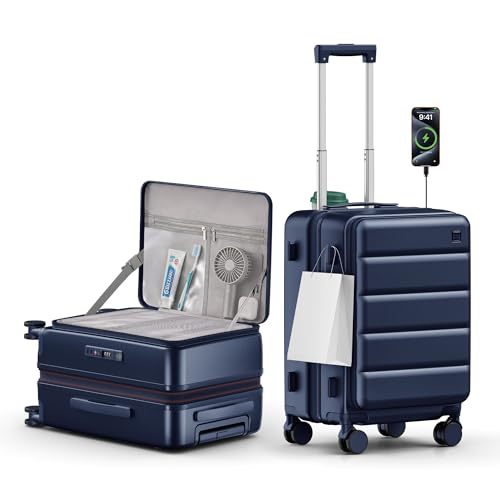ISLAND ELEPHANT Expandable 20Inch Carry On Luggage Airline Approved - Top Opening Hardside Travel Suitcase Unbreakable -with Cup Holder,USB Charge,Side Pothook, 360°Spinner Wheels, TSA Lock-Navy Blue