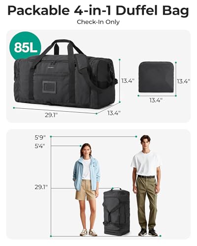 BAGSAMRT 85L Foldable Duffle Bag for Travel, Large Travel Duffel Bag for Men, 4 in 1 Travel Backpack, Carry on Weekender Bag, Black