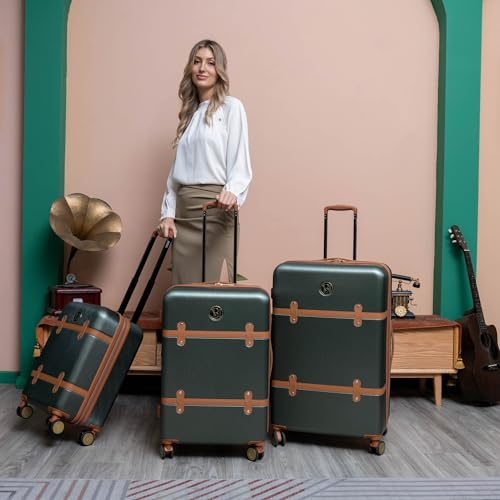 Badgley Mischka Grace 3 Piece Polycarbonate-ABS Expandable Retro Luggage Set (Olive Green)