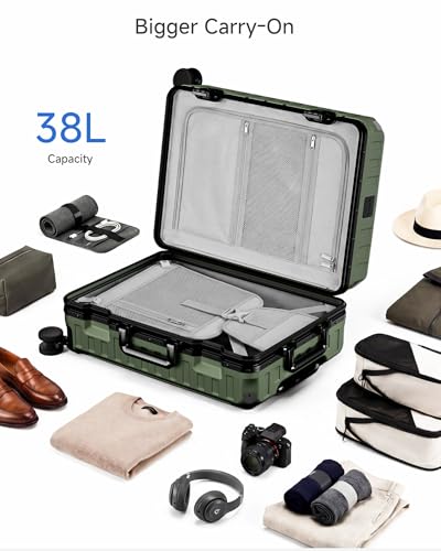 LUGGEX Zipperless Carry On Luggage with Spinner Wheels 22.5" x 15.5" x 9.6", SF81 Aluminum Polycarbonate Hard Shell Front Opening Suitcase, TSA & Cup Holder (ZX-Pro, Olive Green)