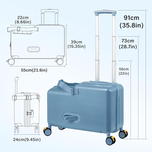 20" Ride on Suitcase for Kids, Carry On Luggage with Kid Seat, Foldable Handlebars Pedals and Removable Wheels Holds up to 110 lbs Luggage Travel Rolling Suitcases for Boys Girls (Blue)